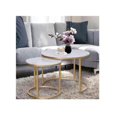 Imagem de Mesa de centro conjunto de 2 mesas centrais modernas com moldura dourada circular e mármore