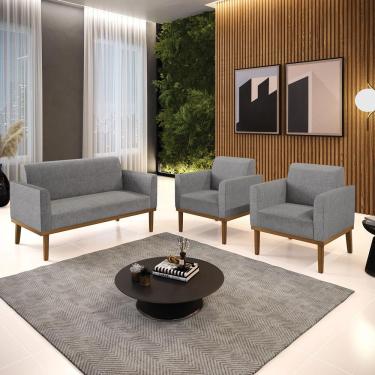 Imagem de Conjunto 2 Poltronas e 1 Namoradeira Decorativa Isabella Pés Fixo em Madeira Castanho Linho Cinza Mesclado G19 - Gran Belo