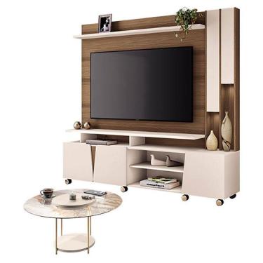 Imagem de Estante Home Theater Virtus Castanho Off White com Mesa de Centro Sky com tampo de vidro Off White - HB Móveis