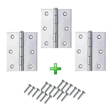 Imagem de Kit 3 Dobradiças 3 1/2 Polegadas 18 Parafusos Ferro Zincado - Ravilar