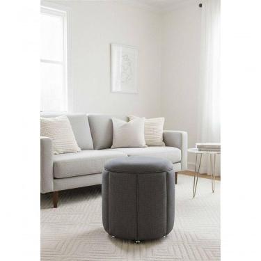 Imagem de Puff Redondo Baú Não é Segredo Debrum Linho Cinza Vazado 40x45 Ns0610