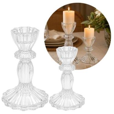 Imagem de Jogo 2 Castiçal de Vidro Transparente Porta Velas Luxo Flor Star Tipo 