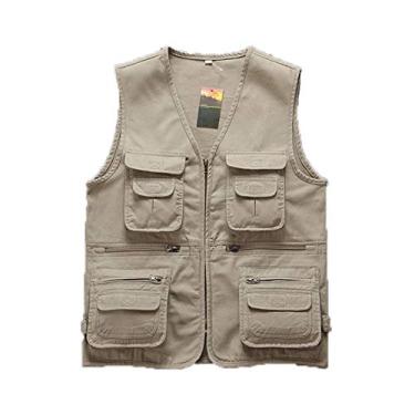 Imagem de Elonglin Colete Masculino Pesca Fotogrefia com Vários Bolsos Jaqueta sem Mangas Moto Casual para Homens Cáqui Zíper GG