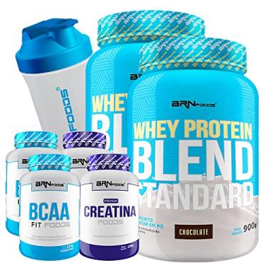 Imagem de Kit 2x Whey Protein Blend Standard 900g Chocolate + 2x Creatina 100g + 2x BCAA Fit Foods 100g + Coqueteleira - BRN FOODS