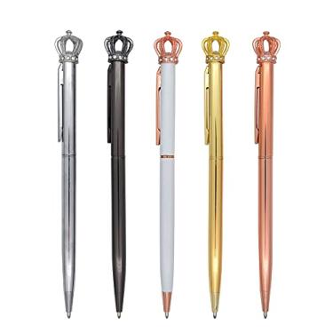 Imagem de Gullor Caneta esferográfica de tinta preta de 5 peças caneta de ponta média retrátil barril de aço inoxidável com coroa decoração superior para escritório escolar, multicolorido A