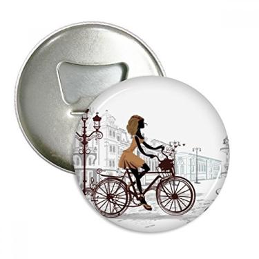 Imagem de Bicycle Lady França Ilustração Padrão Abridor de Garrafas Imã de Geladeira Emblema Multifuncional