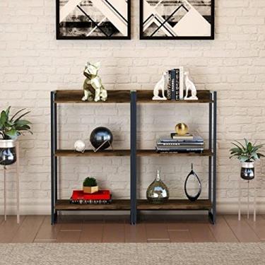 Imagem de Conjunto 2 Estantes para Livros Baixas Industrial Aço 3 Prateleiras 104x60cm Active Yescasa Carvalho Dark