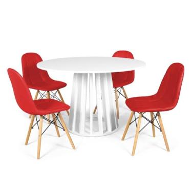 Imagem de Conjunto Mesa de Jantar Redonda Talia Branca 120cm com 4 Cadeiras Eiffel Botonê - Vermelho