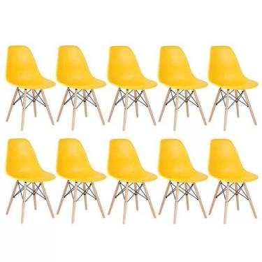 Imagem de Kit 10 Cadeiras Charles Eames Eiffel Amarela Base Madeira Sala Cozinha