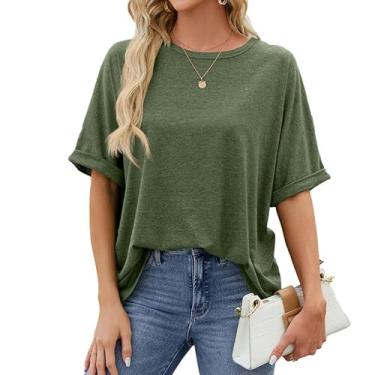 Imagem de Camisetas femininas grandes modernas gola redonda manga curta túnica cor sólida 2024 camiseta básica verão, Verde militar, XXG