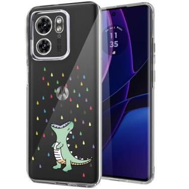 Imagem de Unov Capa compatível com Motorola Edge 2023 Edge 40 5G transparente com design TPU macio absorção de choque fina em relevo padrão capa protetora traseira 16.8 cm (dinossauro arco-íris)