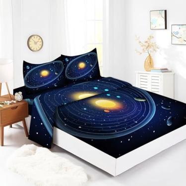 Imagem de Bhoyctn Jogo de lençol King Size Galaxy Planet Sun azul marinho ultra macio 100% microfibra - Jogo de lençol de cama respirável confortável com bolso profundo de 40,6 cm - 4 peças