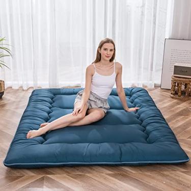 Imagem de MAXYOYO Colchão de chão japonês, colchão futon, almofada de dormir espessa, dobrável, futon de chão para adultos, tapete de tatame, dormitório, espreguiçadeira, azul (Bluestone), tamanho queen