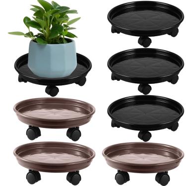 Imagem de 6 pacotes de plástico para plantas com rodízios de 30,5 cm, suporte resistente para plantas rolantes com rodas para rolos grandes para vasos de plantas pesadas em ambientes internos e externos, preto e marrom