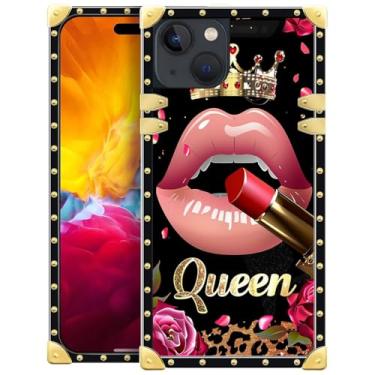 Imagem de WANKBLC Compatível com iPhone 15, batom rosa rosa rainha leopardo luxuoso decoração dourada para meninas mulheres TPU macio à prova de choque capa dura PC traseira para iPhone 15
