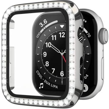 Imagem de D & K Exclusives Capa de strass compatível com Apple Watch 38 mm série 3/2/1 com protetor de tela de vidro temperado, capa protetora fina de policarbonato rígido de cristal brilhante para iWatch,