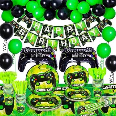 Imagem de Homyplaza Artigos de festa de videogame para 25 convidados, 203 peças de pratos de aniversário e conjunto de guardanapos para meninos e jogadores, inclui pratos de festa, toalha de mesa de jogador, faixa de aniversário, talheres, copos, canudos, guardanapos