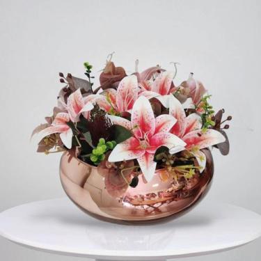 Imagem de Arranjo Flores Artificial Lírios Rosa Vaso Gold Espelhado - La Caza St