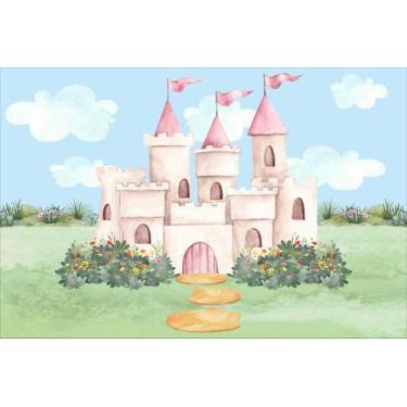 Imagem de Painel de Lona Castelo Aquarela Rosa Flores Caminho de Pedras - Fabrik