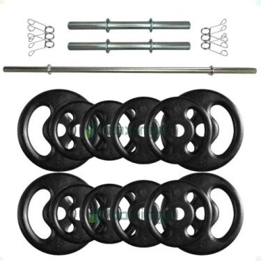 Imagem de Kit Fitness 40 Kg de Anilhas Ferro + Barras Maciças Zincada com Presil