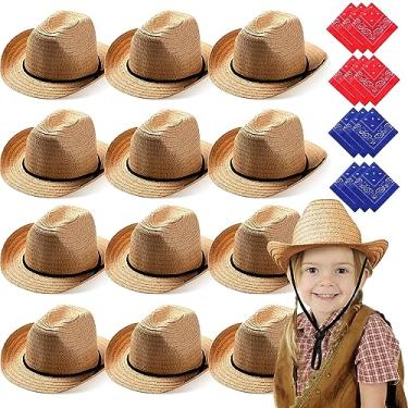 Imagem de SATINIOR Conjunto de 12 chapéus de cowboy de palha com bandanas para fantasia de cowboy para festa ocidental (cáqui), Caqui, One Size