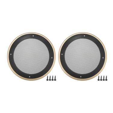 Imagem de ACROPIX Capa universal de grade de alto-falante de carro de 16,5 cm de malha redonda 6,5 polegadas caixa protetora de subwoofer com parafusos de montagem ferro ABS dourado tom preto - pacote com 2