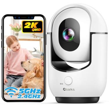Imagem de Câmera de segurança interna WiFi 2K de 5GHz com Pan/Tilt e detecção de movimento por IA, chamada com um clique, camera 360 com fio para animais de estimação/bebês com áudio bidirecional