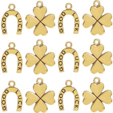 Imagem de SUNNYCLUE 1 caixa, 60 peças, pingentes de trevo da sorte, amuleto de ferradura, liga dourada, metal, cavalo da sorte, pingente de trevo de quatro folhas, pingentes para fazer joias, colares e