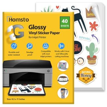 Imagem de Papel adesivo de vinil, papel adesivo impresso brilhante para impressora a jato de tinta, secagem rápida, resistente à água, resistente a arranhões, cola na maioria das superfícies, 21 x 28 cm, 40