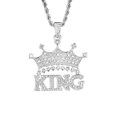 Imagem de VVCome King Letters Colar de coroa com inicial hip hop, pingente de coroa de cristal King em aço inoxidável, corrente de corda de 61 cm, Aço inoxidável, Sem Pedra Preciosa