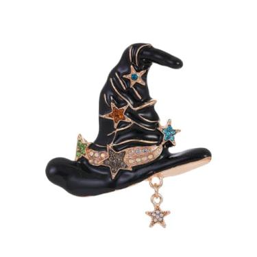 Imagem de Chapéu de bruxa vintage estrela colorido CZ pingente preto branco esmalte broche broche de lapela para mulheres meninas meninos banhado a ouro moda mágica broches broche bonito festa feriado chapéu