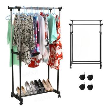 Imagem de Arara Dupla De Roupas Altura Regulavel Aco Inoxidavel Rodinhas Sapatei