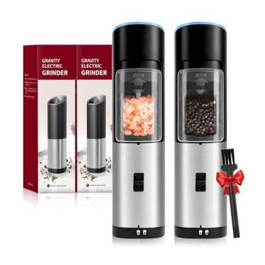 Imagem de Conjunto de 2 moedores elétricos de sal e pimenta gravity, grossura ajustável, moedor automático de uma mão, alimentado por bateria com luz LED, aço inoxidável escovado perfeito para churrasco de