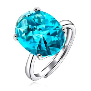 Imagem de Uloveido Anéis Solitários de Pedra de Topázio Simulado Tamanho Livre para Mulheres Meninas Anel Oval Cristal Azul Claro Banhado a Ouro Branco Anéis Redimensionáveis Y2166, Metal, Zircônia cúbica