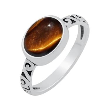 Imagem de 925 Silver Plated Anéis de pedra preciosa natural em formato oval de 3,10 quilates para mulheres, presente de pedra do mês de nascimento para mulheres, mãe e esposa, Banhado a prata Olho de tigre