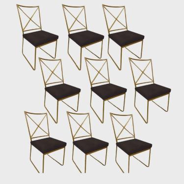 Imagem de Kit 09 Cadeiras Sala de Jantar Escritório Office Clark Industrial Ferro Dourado Sintético Marrom - Ahz Móveis