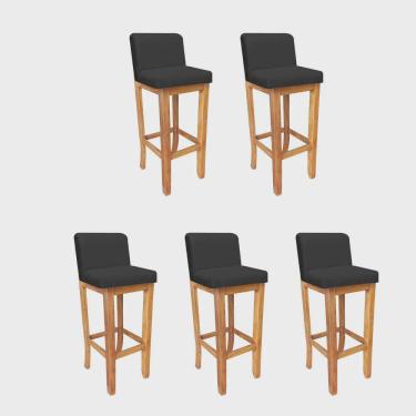Imagem de Kit 05 Banqueta Alta Com Encosto Aila Balcão Bistrô Base Madeira Maciça Corino Preto - Ahz Móveis