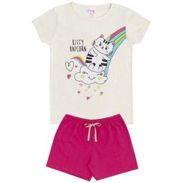 Imagem de Conjunto de Verão Infantil Feminino Blusa Bege e Shorts Rosa Gato e Ar