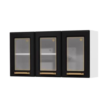 Imagem de Armário de Cozinha Aéreo de Aço 3 Portas com Vidro 105cm Multimóveis Cr20359 Branco/preto