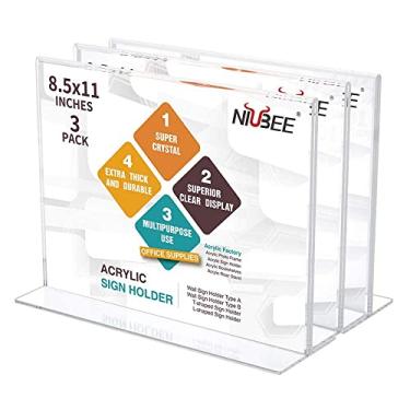 Imagem de NIUBEE Suporte de placa de acrílico, 21 x 28 cm, pacote com 3 horizontais, molduras transparentes de lucite dupla face em forma de T, suporte de exibição de papel plástico, suporte de mesa de menu de documentos para escritório, loja, paisagem