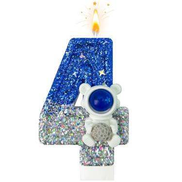 Imagem de HXOUSE Vela astronauta de primeiro aniversário – Espacial Universe Sparkler 1 vela para bolo de aniversário menino, topo para decorações de festa, comemorações de aniversário (número 4)