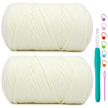 Imagem de Pacote com 2 camisetas para crochê, branco leitoso, tecido elástico macio, grosso, fio de crochê para crochê, tricô iniciante, bolsa de tricô artesanal/decoração de casa 2 x 400G branco leitoso