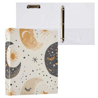 Imagem de Fichário de 3 anéis Boho fases da lua bege branco 3,8 cm fichários com três argolas com prancheta, serve para papel de 21 x 28 cm, 3 bolsos internos de PVC transparentes para material de escritório