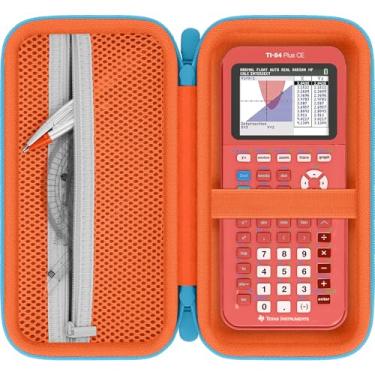 Imagem de Baval Estojo de transporte rígido compatível com calculadora Texas Instruments TI-84 Plus CE/TI-Nspire CX II CAS (caixa laranja, zíper azul)