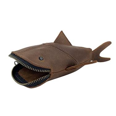 Imagem de Hide & Drink, Zippered Coin Pouch, Shark Shaped Case, Stuffed Animal, Bank, Change Bag, Pencil Purse, Shark Shaped Cable Holder, Full Grain Leather, Handmade Wallet, Bourbon Brown