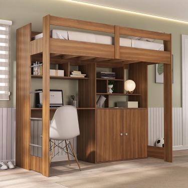 Imagem de Cama De Solteiro Zwork 2 Portas Com Escrivaninha Multifuncional Yescasa Nogal