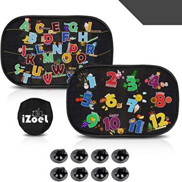 Imagem de iZoeL Protetor solar de carro para bebês e crianças, pacote com 2 protetores solares traseiros 80 g/m² universal com 8 ventosas e bolsa de armazenamento – proteção solar e raios UV (ABC+123)