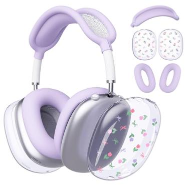 Imagem de BlHMCASE Capa de fone de ouvido para AirPods Max, lindo laço de flores kawaii, capa de silicone roxa para fones de ouvido para Apple AirPods Max