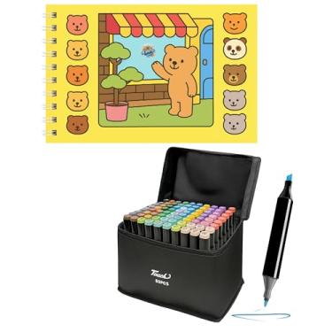Imagem de Livro Colorir com Canetinhas Kit Livro De Pintura Amarelo + 80 Canetas Ponta Dupla Marcadora Canetinhas para Colorir Capa Dura Holográfica com Acetato 50 desenhos A5
