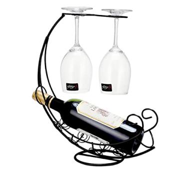 Imagem de Homya Suporte para garrafa de vinho de ferro forjado de mesa com suporte alto, suporte vertical para vidro de vinho, suporte para taça de vinho de mesa, pode conter 1 garrafa e 2 xícaras, processo de galvanização preto